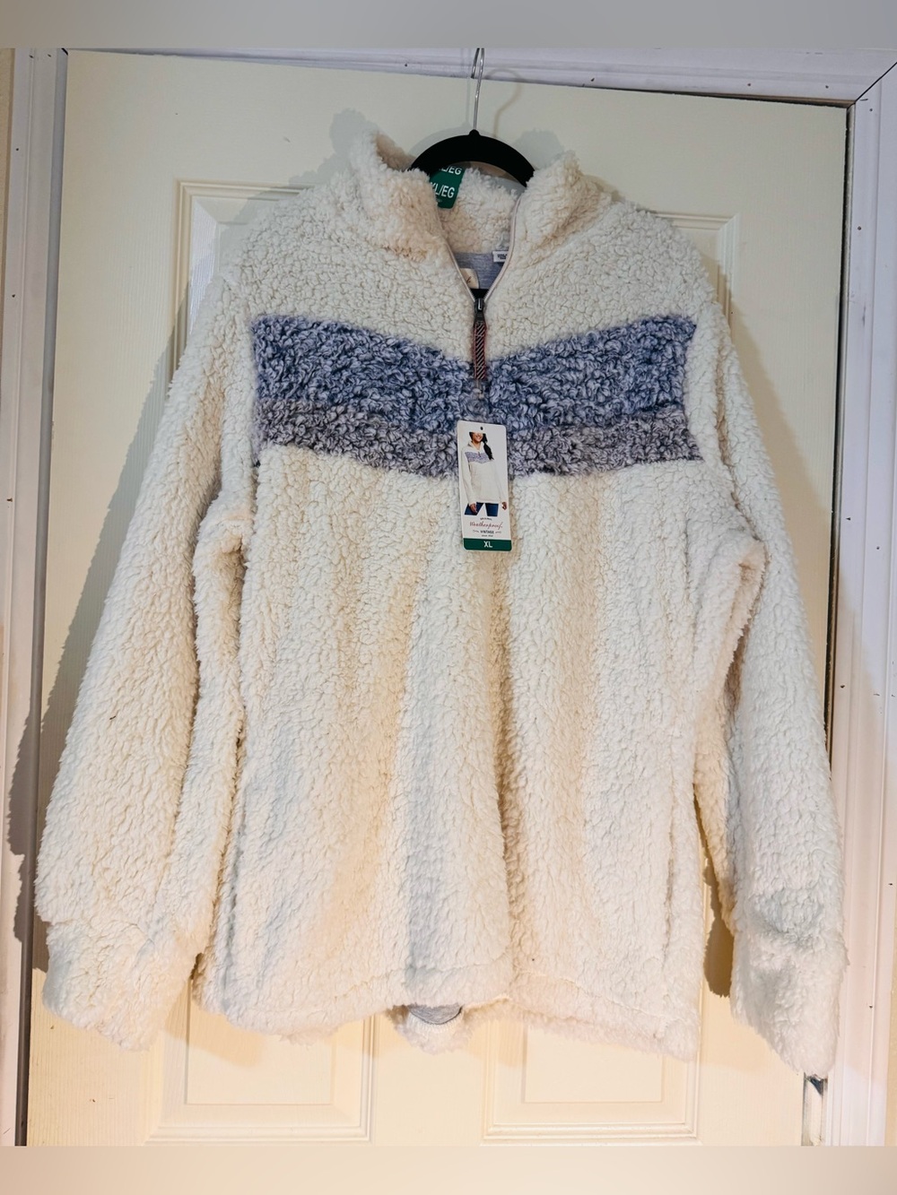 Weatherproof Cream Sherpa Quarter-Zip Pullover with Gray Stripe XL